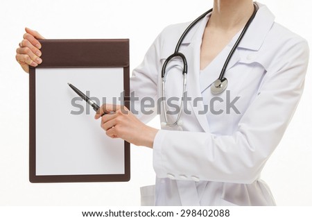 Unrecognizable doctor holding empty clipboard and a pen, white background
