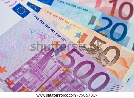 The different euro banknotes: ten, twenty,fifty, five hundred