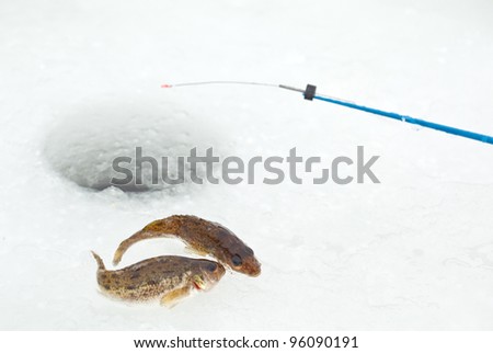 Winter fishing: closeup of ice hole, fishing rod and ruffs