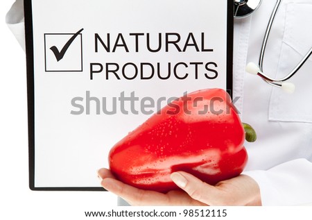 Doctor advising healthy natural products; closeup of doctor\'s hands holding clipboard with marked checkbox \