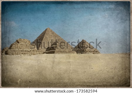 grunge image of Desert and pyramid, Old Postcard style,