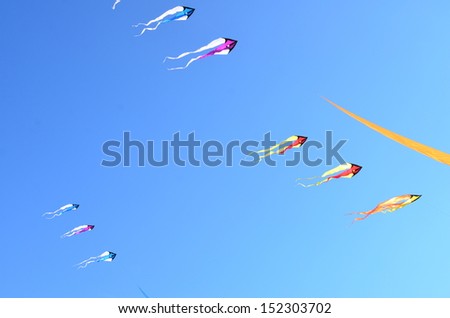 Flying kites in a clear blue sky