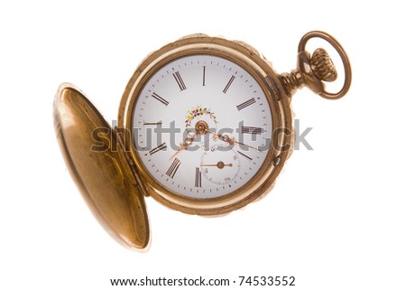 Gold pocket watch isolated on white.