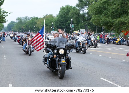 WASHINGTON, DC, USA - MAY 29: Motorcycles travel down Constitution Avenue as part of the annual Rolling Thunder motorcycle ride for American POWs and MIA soldiers on May 29, 2011 in Washington, DC, USA