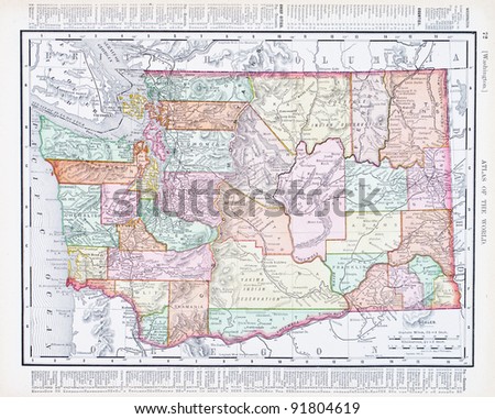 A map of Washington State, USA from Spofford\'s Atlas of the World, printed in the United States in 1900, created by Rand McNally & Co.