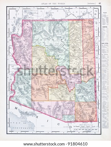 A map of Arizona, USA from Spofford\'s Atlas of the World, printed in the United States in 1900, created by Rand McNally & Co.