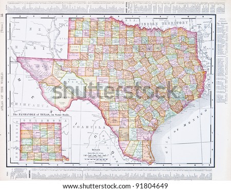 A map of Texas, USA from Spofford\'s Atlas of the World, printed in the United States in 1900, created by Rand McNally & Co.
