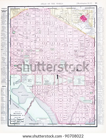 A street map of Washington, DC, USA from Spofford\'s Atlas of the World, printed in the United States in 1900, created by Rand McNally & Co.