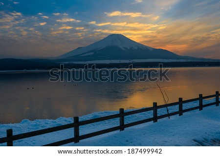 Mount Fuji at Yamanaka Lake, after the heavy snow storms in the past 120 years in 19 February 2014