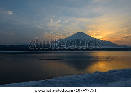 Mount Fuji at Yamanaka Lake, after the heavy snow storms in the past 120 years in 19 February 2014