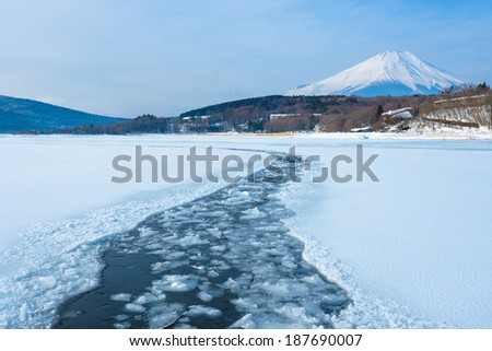 Frozen Lake with Mount Fuji at Yamanaka Lake, after the heavy snow storms in the past 120 years in 20 February 2014