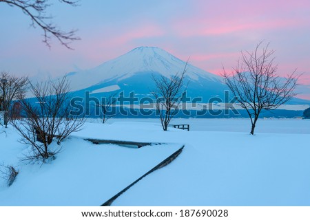 Twilight of Mount Fuji at Yamanaka Lake, after the heavy snow storms in the past 120 years in 20 February 2014