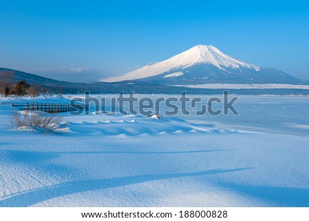 Sunrise of Frozen Lake with Mount Fuji at Yamanaka Lake, after the heavy snow storms in the past 120 years in 20 February 2014