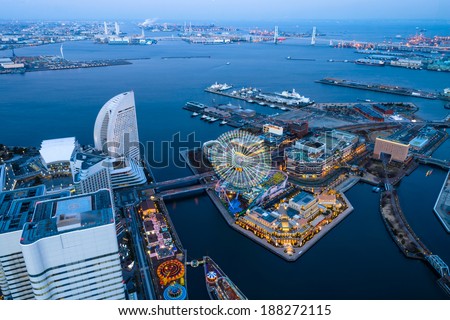 Bird\'s eye view from Yokohama landmark showing the Yokohama Bay and Cosmo world, at the near end, the famous amusement park in Yokohama city/ Yokohama Bay/Yokohama Bay