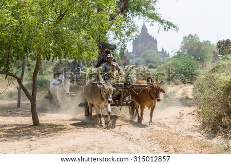 Bagan, Myanmar - March 15, 2013. An unidentified Burmese Family riding ox cart at Ancient city in Bagan (Pagan) Archaeological Zone, Myanmar with over 2000 Pagodas and Temples.