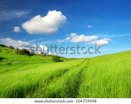 Road on grass and clouds. Bright natural landscape