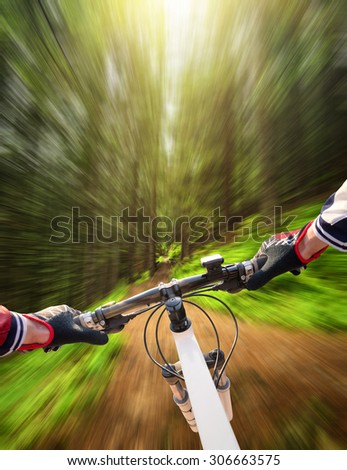 Fast ride on bike in summer forest. Sport and active life concept