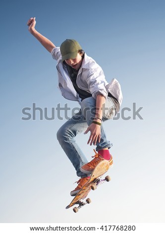 Skater on the sky background. Sport and active life concept