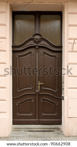 Historical Ornate Wooden Door with Glass Panes, Prague, The Czech Republic