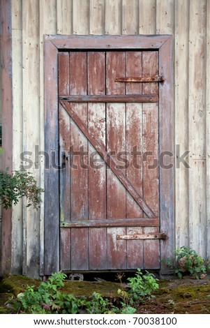 Old wooden door with stone step
