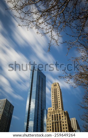 Buildings in Chicago downtown in the morning with a clear blue sky. Chicago, Illinois, US