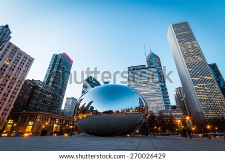 CHICAGO, IL - March 6, 2015: Cloud Gate and Chicago skyline in Millennium Park, Chicago, Illinois, USA