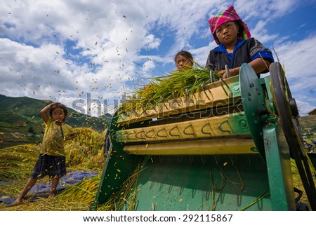 MU CANG CHAI, VIETNAM - JUNE 13: The unidentified farmers do agriculture job on their fields on June 13, 2015 in Mu Cang Chai, Yen Bai, Vietnam. This work is part of the Vietnam traditional farmers.