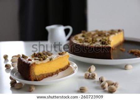 Pumpkin cheesecake with pistachio / Healthy colorful dessert