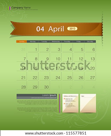 April 2013 calendar ribbon design vector illustration April 2013 calendar ribbon design vector illustration