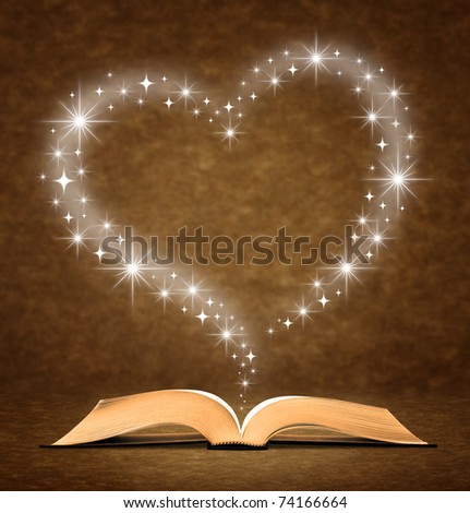 open old book. a star, heart graphic at the top of the book.