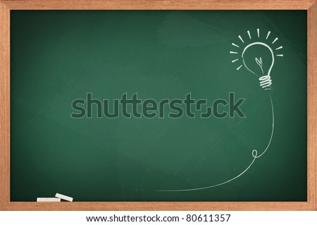 Drawing of a bulb idea on green board
