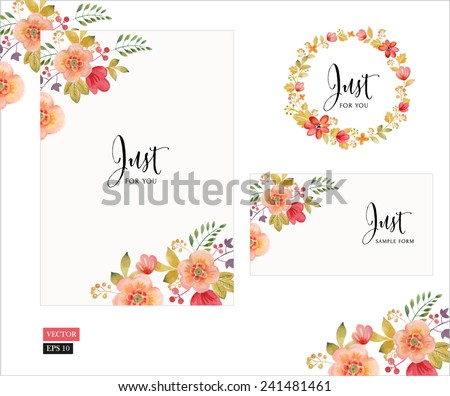 Vector set of invitation cards with watercolor flowers elements and calligraphic letters. Wedding collection