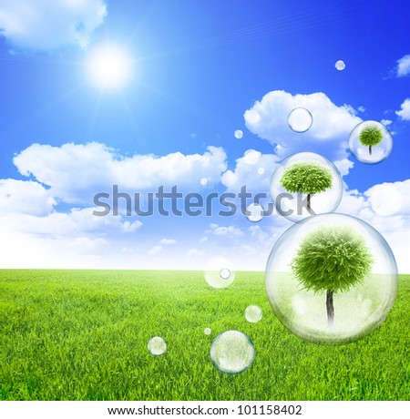 Trees inside soap bubbles in green field and blue sky background