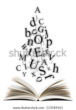 Open book with falling letters over white background