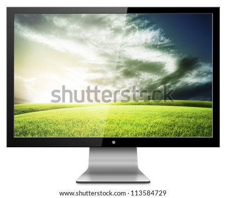 Computer Monitor with green field screen. Isolated on white background.