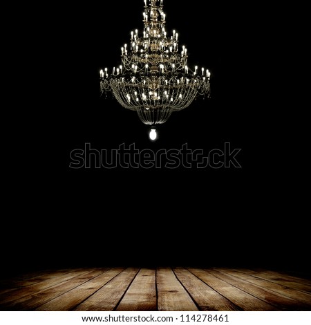 Image Of Grunge Dark Room Interior With Wood Floor And Chandelier. Background