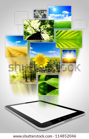 one computer tablet with photo collage of nature isolated on white background one computer tablet with photo collage of nature isolated on white background