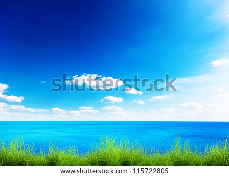 Blue sea under clouds sky and green grass on front view. Beauty nature