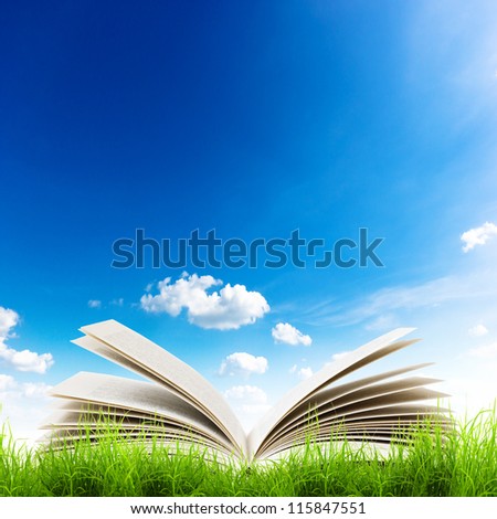 Open book in green grass over blue sky. Magic book background