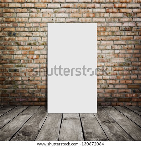 room interior vintage with brick wall, wood floor and white blank placard background