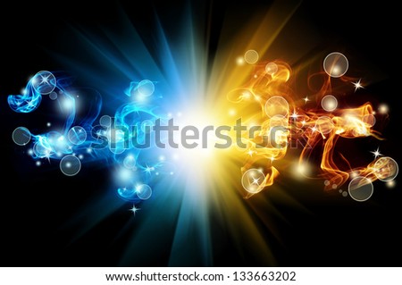 Abstract Blue And Yellow Flame With Rays Over Black Background