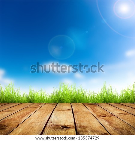 Fresh Spring Green Grass With Blue Bokeh And Sunlight And Wood Floor. Natural Background