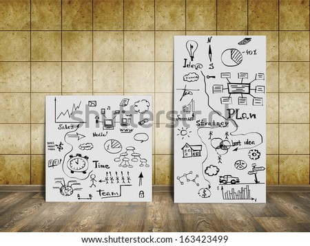 room interior vintage wall, wood floor and white blank with business sketches placard background