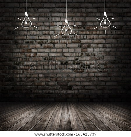 Dark room interior vintage with wall and wood floor background, and hand draw lightbulbs