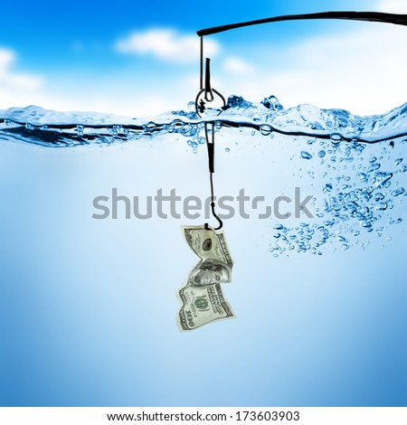 Fishing line and hook with dollar bill underwater background