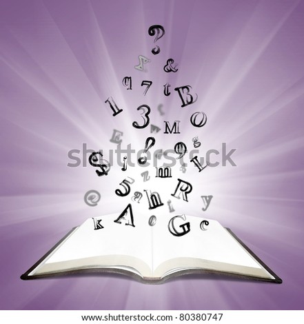 open book with falling letters and rays on a background