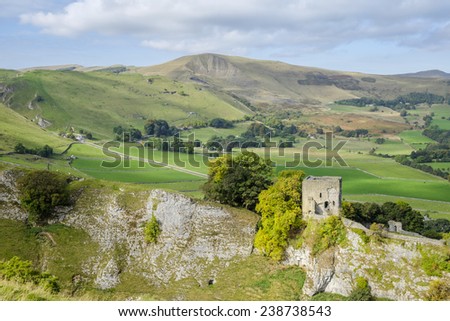 Peveril Castle with Mam Tor in the distance.
