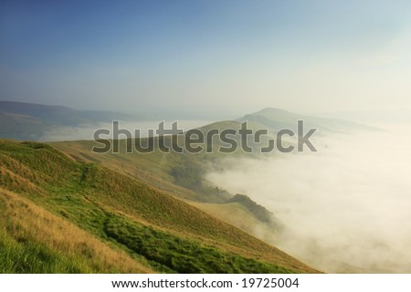 A misty morning over the in the hope valley Derbyshire. Taken from Mam Tor. Peak District. September 2008