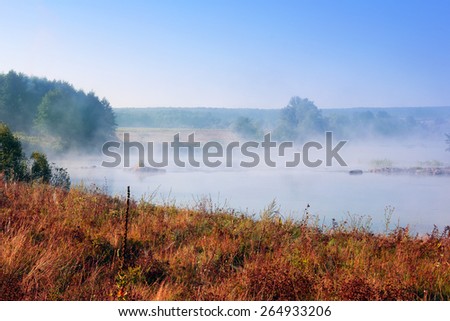 landscape consisting of the yellow valley, the river with dense fog, green trees, and a blue sky