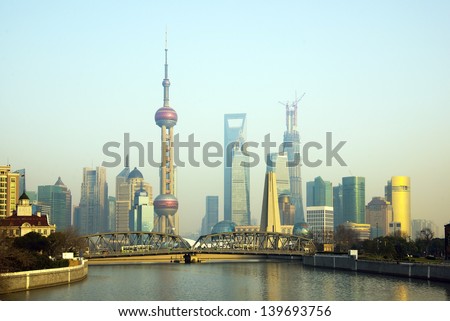 Shanghai skyline at sunset 2013
